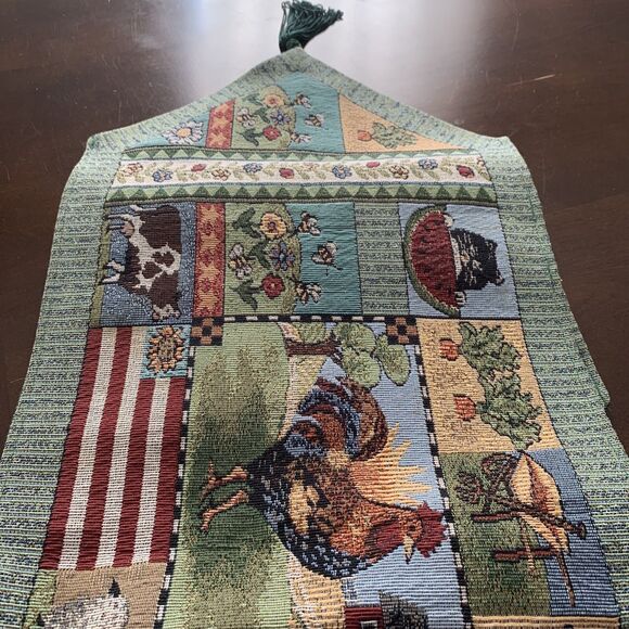 Farm table runner with animals pigs, roosters, cows, cat, corn, apples 70" X 12" - Picture 4 of 4